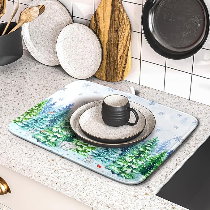 Watercolor Winter Dish Drying Pad Forest Kitchen Mat for Counter for Home Season Decor