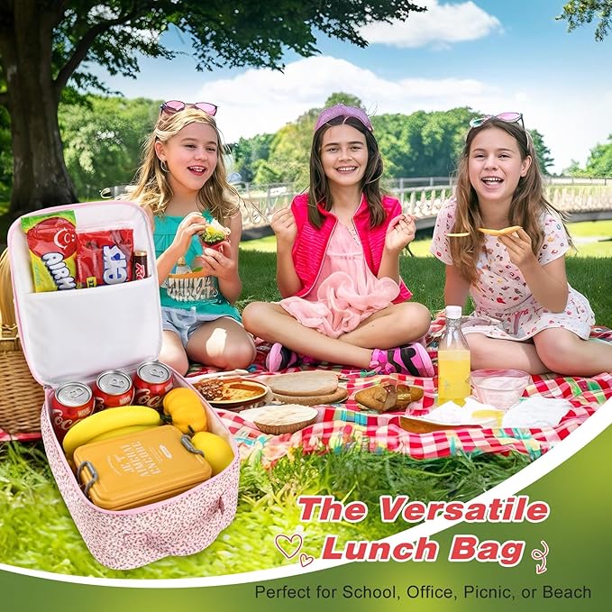 Aileam Lunch Box for Women Cute Lunch Bag Quilted Reusable Insulated Lunch Box Aesthetic Lunch Tote Bags Floral Cotton Lunch Case for Travel Work Picnic (PINK DITSY)