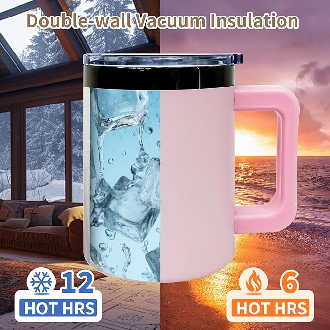 10 oz Tumbler with Handle and Straw Stainless Steel Insulated Coffee Mug for Laser Graving Powder Coated Cup with Black Plated(Pink,1 pack)