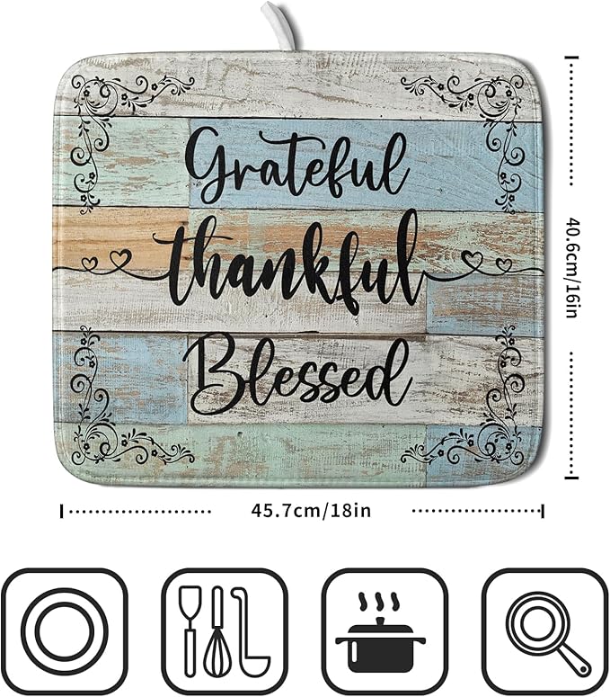 Rustic Wood Dish Drying Mat 16x18 Inch Grateful Thankful Blessed Kitchen Drainer Mats Absorbent Microfiber Rack Holder Countertop Pad