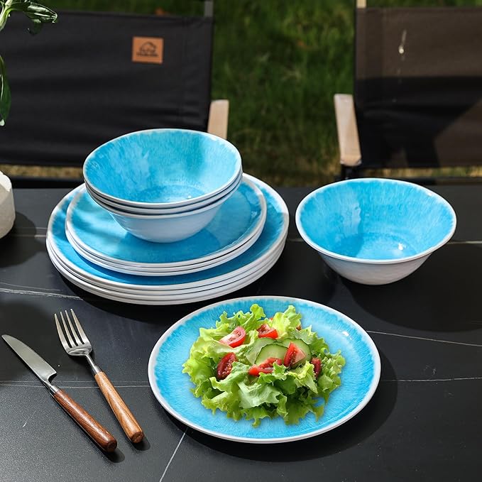 Melamine Dinnerware Sets 12 Pcs, Melamine Plates and Bowls,Party Plates and Bowls Sets, Camping Dishes Set for 4, Unbreakable, BPA Free, Dishwasher Safe (Lake blue)