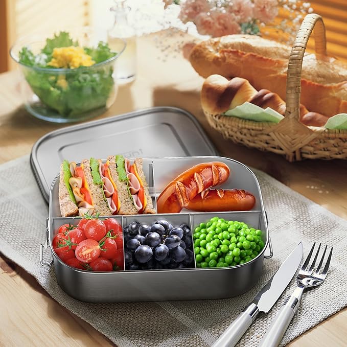 47oz/1400ML Stainless Steel Lunch Box, 5 Compartments Bentobox for Kids or Adults, Metal Bento Box with Lockable Clips, Leakproof Food Storage Container for Work Lunch