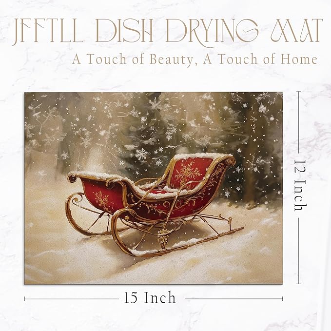 Winter Christmas Sleigh Dish Drying Mat, Vintage Xmas Holiday Absorbent Dish Drainer Reusable Washable Drying Mat Pad for Kitchen Counter, Rustic Christmas Decor, 12×15 Inch