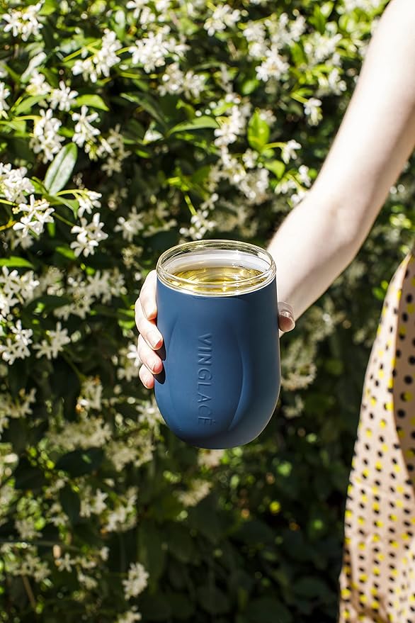 Vinglacé Stainless Steel Stemless Wine Glass- Insulated Wine Tumbler with Glass Insert and Sip Lid, 10 oz, Navy