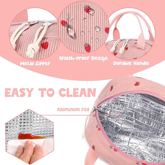 Bluboon Lunch Bag for Women Men Cute Corduroy Lunch Tote Bags Reusable Insulated Lunch Box Large Capacity Reusable Insulated Cooler for Work Picnic or Travel (Corduroy strawberry pink)