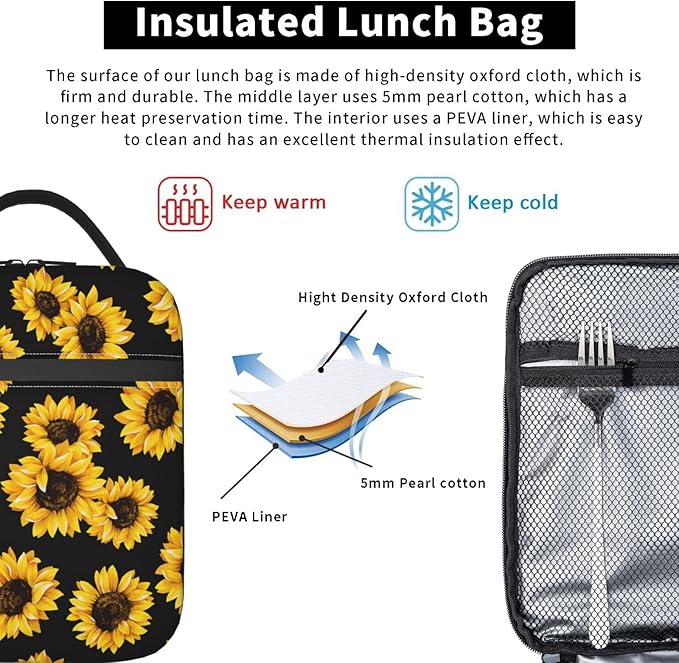 Sunflowers Reusable Lunch Box Insulated LunchBox Cooler Lunch Bag