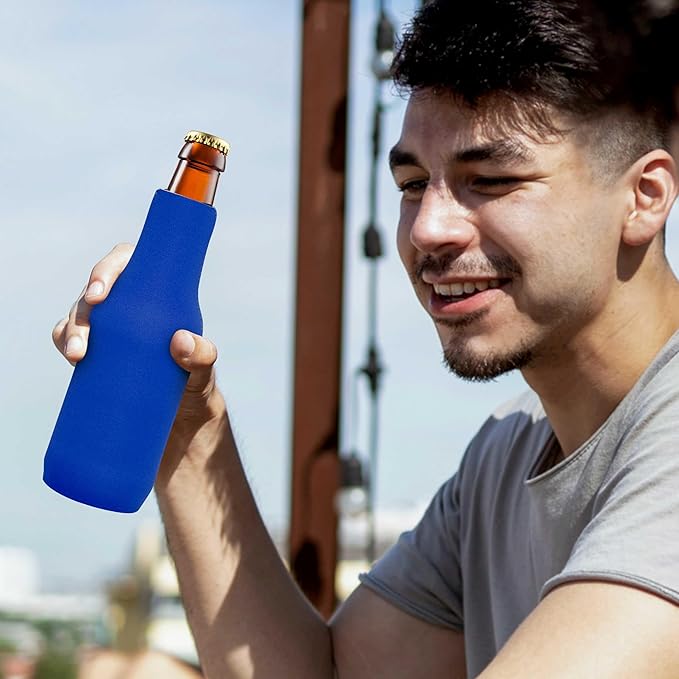 10 Neoprene Zippered Beer Bottle Coolies Pack - Sharkskin Rubber Bottom - Royal Blue