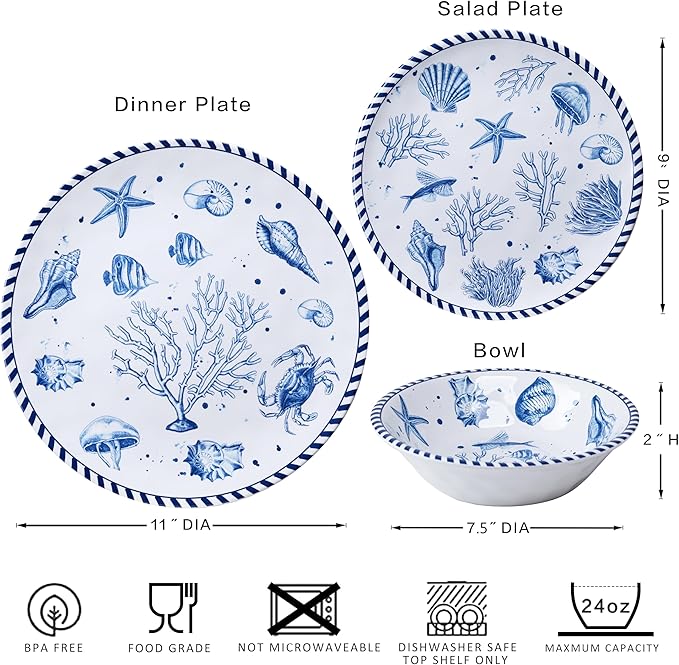 LEHAHA 12-Piece Coastal Melamine Dinnerware Set Service for 4, Unbreakable & Lightweight Round Plates and Bowls Set, Outdoor Dish Set for Patio, Camper, RV, Indoor Outdoor Use with Ocean Printed