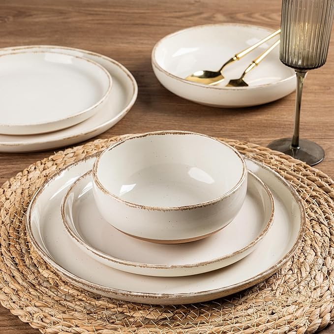 AmorArc Ceramic Dinnerware Sets with Pasta Bowls for 6, Handpainted Plates and Bowls Set with Rustic Terracotta Underside, Scratch Resistant Dishes Set, Dishwasher & Microwave Safe, 24 Pcs