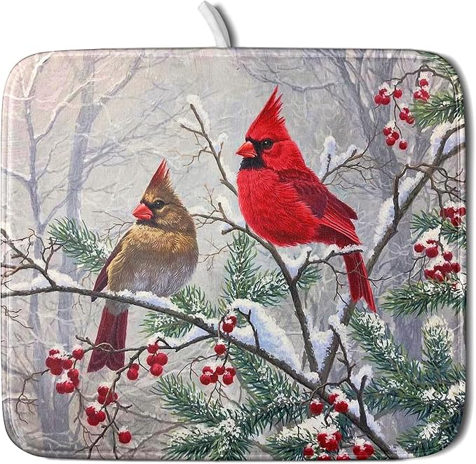 Red Bird Dish Drying Mat Merry Christmas Dishes Pad Absorbent Fast Dry Dish Drainer Mat Protector for Kitchen Counter 16 x 18 Inches