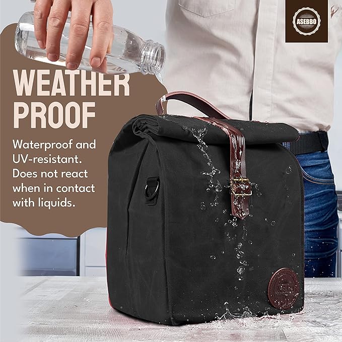 ASEBBO Insulated Lunch Bag for Women & Men - Reusable & Leak Proof Lunch Box Cooler Bag for Work, Beach, Travel for Adults with Shoulder Strap, Father's Day Gift - Waxed Canvas (Black) - Reusable Bag