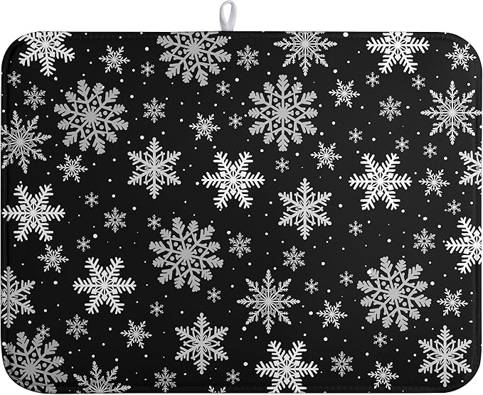 Winter Snowflake Black Dish Drying Mat Christma Snowflakes Large Kitchen Mats Dish Drying Pad Absorbent Dish Dryer Mat for Kitchen Countertops Microfiber Drainer Pad Dish Drying Mats (18x24 in)
