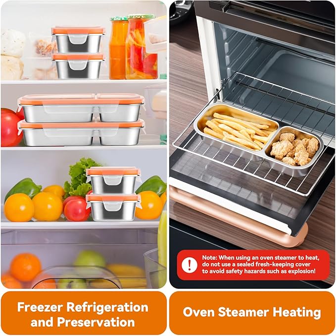 Stainless Steel Snack Containers with Lids & Spork, Reusable 2 Compartment Condiment Boxes, Divided Grab Food Storage Containers, Sauce Cups for Home, Travel (2 Compartments)