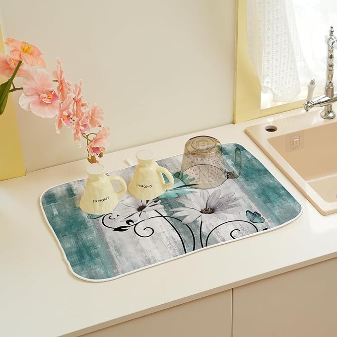 Rustic Daisy Floral Dish Drying Mats 18x24 Inches for Kitchen Counter Vintage Teal Blue Kitchen Decorations Drying Mats Seasonal Outdoor Decor Mat Drying Pad for Office Dining Room Decor