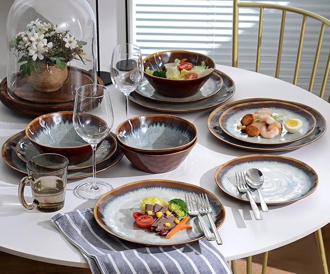 Melamine Dinnerware Sets,12Pcs Plate and Bowl Set,Unbreakable and Lightweight Dish Set,Great for Camping and RV,BPA free,Dishwasher Safe(Sandy Brown)