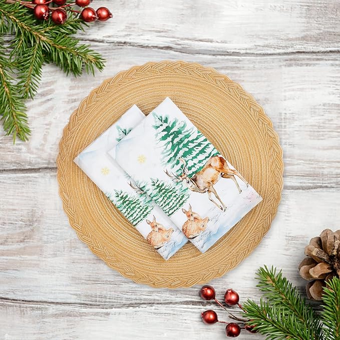 Winter Pine Tree Napkins, 18×18 Inch Woodland Deer Dinner Cloth Napkins Set of 4, Washable Cotton Soft Absorbent Square Napkins for Dining Kitchen Party Wedding Decoration