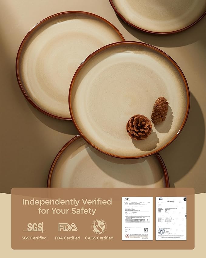 Ceramic Dish Set for 6, 18 Piece Dinnerware Set for Small to Medium Families, Reactive Glaze Design, Dishwasher & Microwave Safe, Brown Yellow