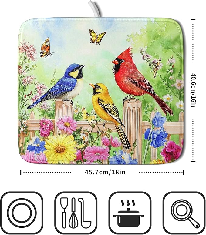 Spring Birds Dish Drying Mats 16x18 Inch,Colorful Flowers Butterfly Absorbent Microfiber Dishes Drainer Rack Mat Tableware Drying Pad for Kitchen Countertop Coffee Bar Sink Decor