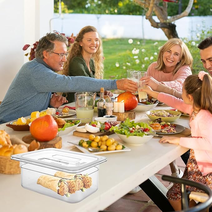 6 Pack 1/4 Size Plastic Clear Food Pan with Lid, 4 Inch Deep Commercial Stackable Polycarbonate Pan with Capacity Indicator, Acrylic Food Container Hotel Pans for Kitchen Restaurant