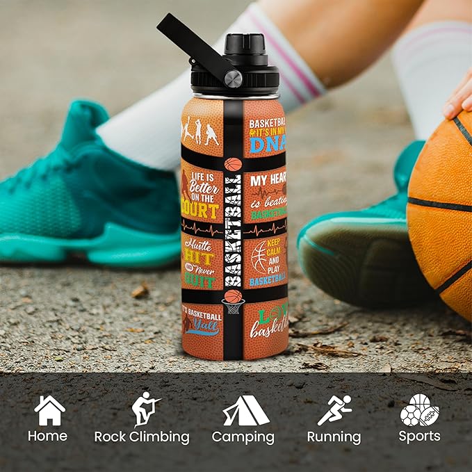 Basketball Water Bottle 32oz, Stainless Steel Insulated Sports Bottle with Lid, Basketball Gifts for Men Players Lovers Fan