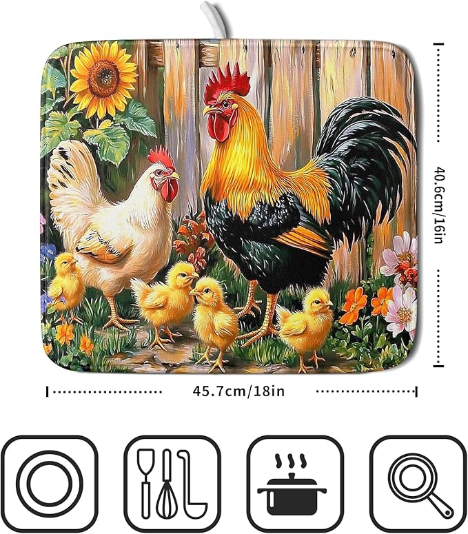 Rooster Dish Drying Mats 16x18 Inch,Farmhouse Chickens Sunflower Rustic Wooden Fence Microfiber Absorbent Draining Racks Sink Drainer Pad for Kitchen Coffee Maker Counter Decor