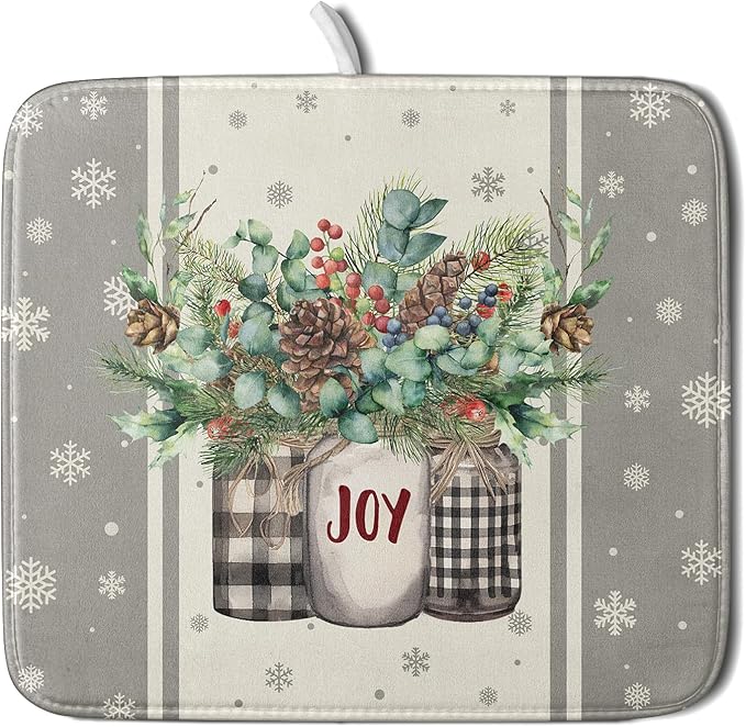 Winter Christmas Dish Drying Mat 16x18 for Kitchen Counter Xmas Joy Poinsettia Flower Berry Snowflake Absorbent Microfiber Fast Dry Dishes Draining Mats Holiday Kitchen Decor
