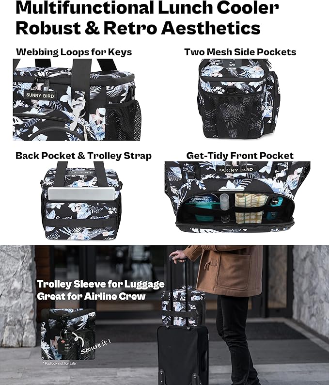 SUNNY BIRD 12L Large Insulated Lunch Bag, Leakproof and Foldable Lunch Cooler Box for Women Adult and Men, Fits 18 Cans (Hibiscus)