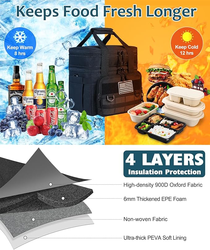 Tactical Lunch Box for Men, Expandable Large Insulated Lunch Bag for Adult, Heavy Duty Double Deck Lunch Cooler Bag with Shoulder Strap, Leakproof Soft Lunch Pail with American Flag - Black