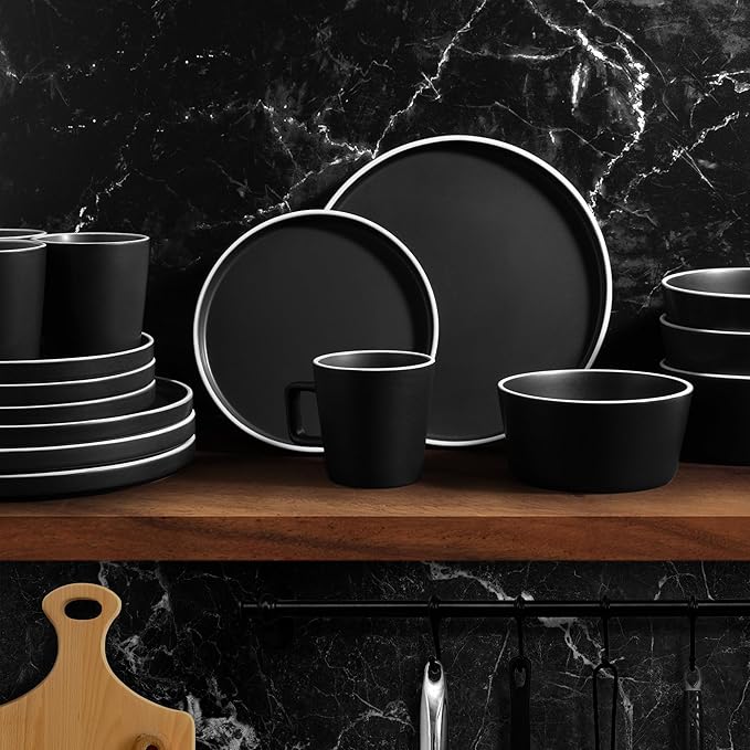 Zulay Kitchen Terra Stoneware Dinnerware Set, Artisanal Ceramic Plates and Bowls Set Crafted at 2300℉ - Service for 4, Black Matte with White Rim