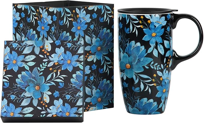 Topadorn Ceramic Mug Blue Flower Porcelain Coffee Mug with Gift Box,17oz. Blue Flower