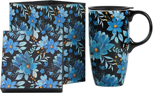 Topadorn Ceramic Mug Blue Flower Porcelain Coffee Mug with Gift Box,17oz. Blue Flower