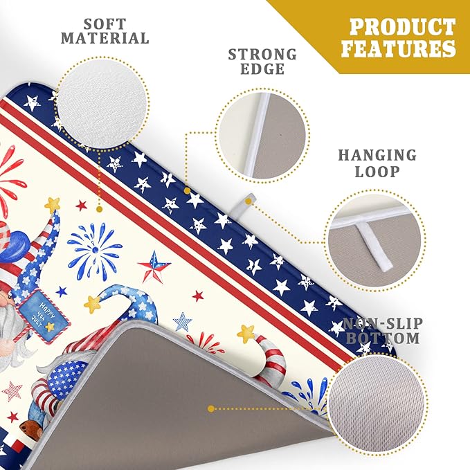 4th of July Drying Mat for Kitchen Counter 18 x 24 in - US Independence Day Patriotic Gnomes Microfiber Large Dish Drainer Mats Protector Pad for Countertop Sinks Dining Table Holiday Decor