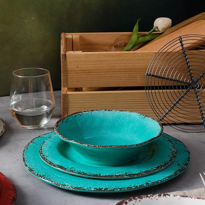 LEHAHA BPA Free Rustic Melamine Plate and Bowl Dinnerware Set Perfect for Indoor Outdoor Dining Party, Camping, 12 Piece Unbreakable Dinnerware Set, Service for 4