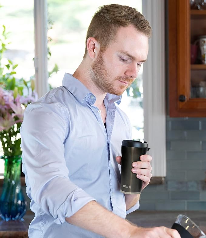 MIRA 2 Pack 12 oz Coffee Travel Mug - Stainless Steel Insulated Tumbler with Leak-Proof Lid - Hot & Cold Cup - Gray Satin & Pearl Blue