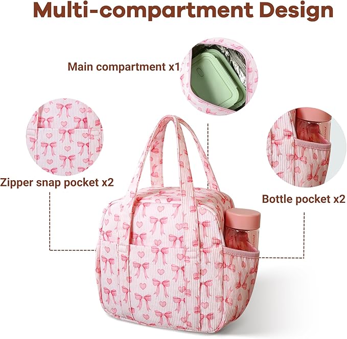 Yarnic Lunch Bag Women Men Insulated, Large Corduroy Lunch Box for Work with Bottle Pockets, Stylish Reusable Cooler Tote for Adults Teachers Picnic Hiking (Pink Bow)