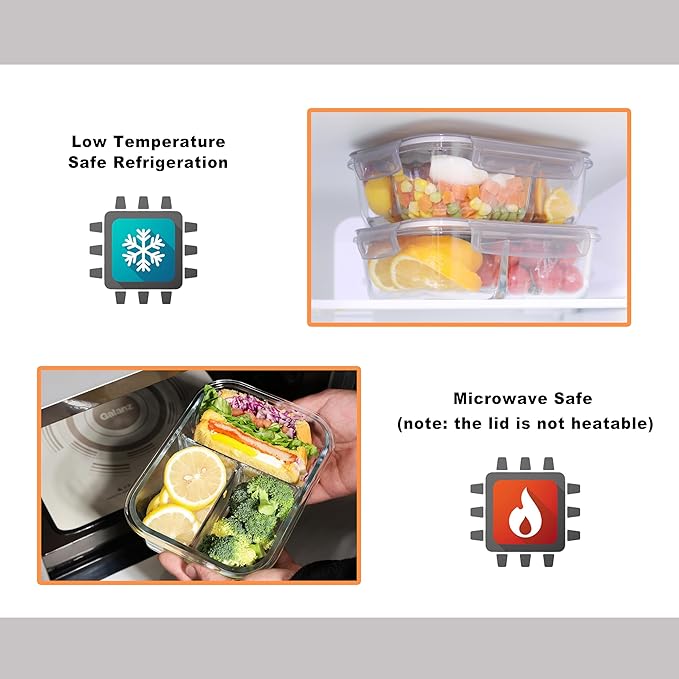 5-Pack Glass Storage Containers,Glass Food Container with Lid,Lunch Box,Bento Box,Storage Box,Meal Prep Containers,Lunch Containers,Fruit Preservation Boxes,Three-partition-Light Gray