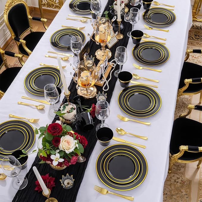 WELLIFE 600 PCS Black and Gold Disposable Dinnerware Set for 100 Guests, Gold rimmed Plastic Dinner Plates,Salad Plates,Cups,Silverware Set for Party Supplies and Halloween Party