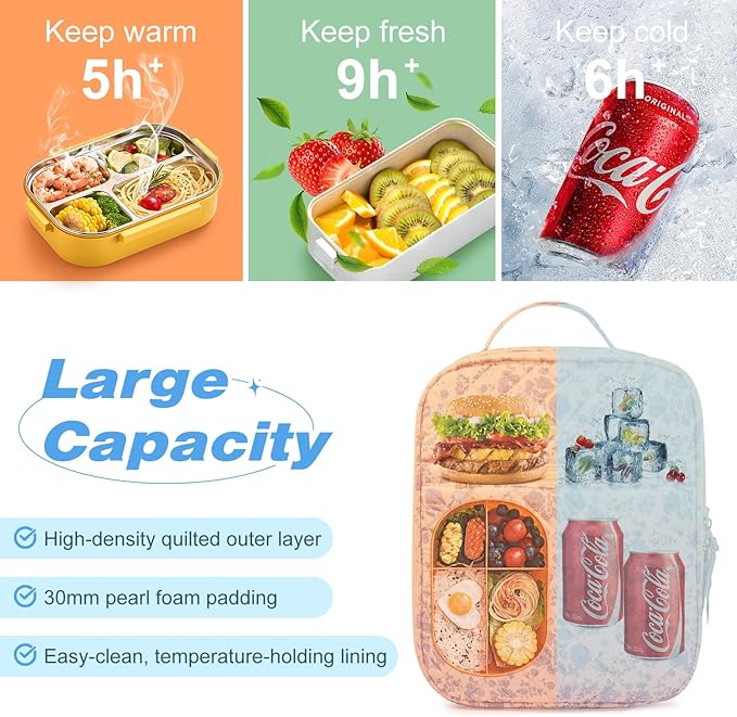 Aileam Lunch Box Lunch Bag for Women Cute Girls Insulated Womens Lunch Bag For Work Quilted Large Capacity Reusable Insulated Cooler for Work School Picnic Travel, Blue Flower