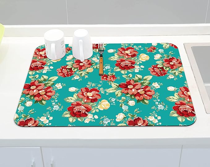 Rubber Dish Drying Mat for Kitchen Counter Large Boho Flowers Washable Quick Home Coffee Pad Fit Under Sink,Bar,Utensils 18x24in