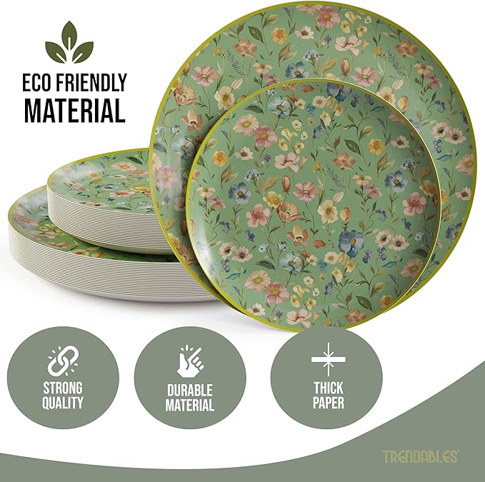Trendables Heavy Duty Paper Plates Set For 32 Guests - 32 Each Of 8-inch And 10-inch Disposable Plates For Party - Fancy 64 Piece Dinnerware Set For All Occasions | Floral Design, Bouyant