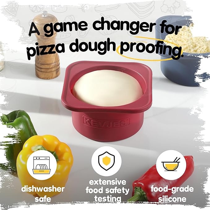 1000ml KEVJES PLUS Individual Pizza Dough Proofing Containers with Airtight Lids – Food Grade Silicone, Freezer/Fridge/Dishwasher Safe – For Margherita, Pepperoni, Neapolitan Pizza – 2 Pack(Cranberry)