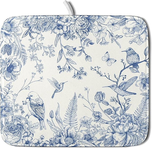 Chinoiserie Dish Drying Mat 16x18 Inches, Blue White Birds Floral Flowers Super Absorbent Microfiber Dish Rack Pad Mat for Kitchen Counter Coffee Bar