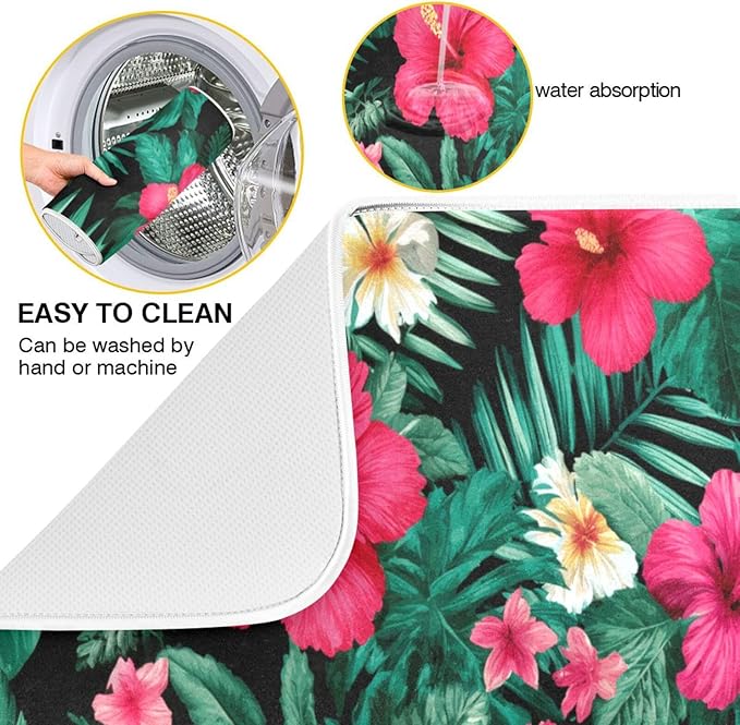 Tropical Flowers Leaves Pattern Dish Drying Mat for Kitchen Counter Super Absorbent Dishes Pad Reversible Microfiber Protector Dish Draining Mats 16x18 inch