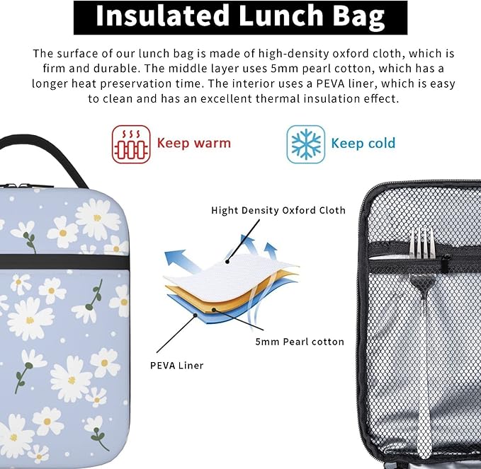 SUPLUCHOM Lunch Box Girl Daisy Flower Purple Floral Spring Insulated Bag Reusable with Side Pocket for Work School Picnic Hiking Daytrip Women Kids Over 3 Years Old