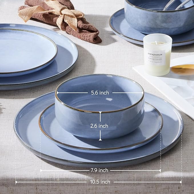E-far 6-Piece Reactive Glaze Dinnerware Sets, Ceramic Dishes Set for 2, Stoneware Plates and Bowls Dinning Ware, Microwave & Dishwasher Safe - Ocean Blue