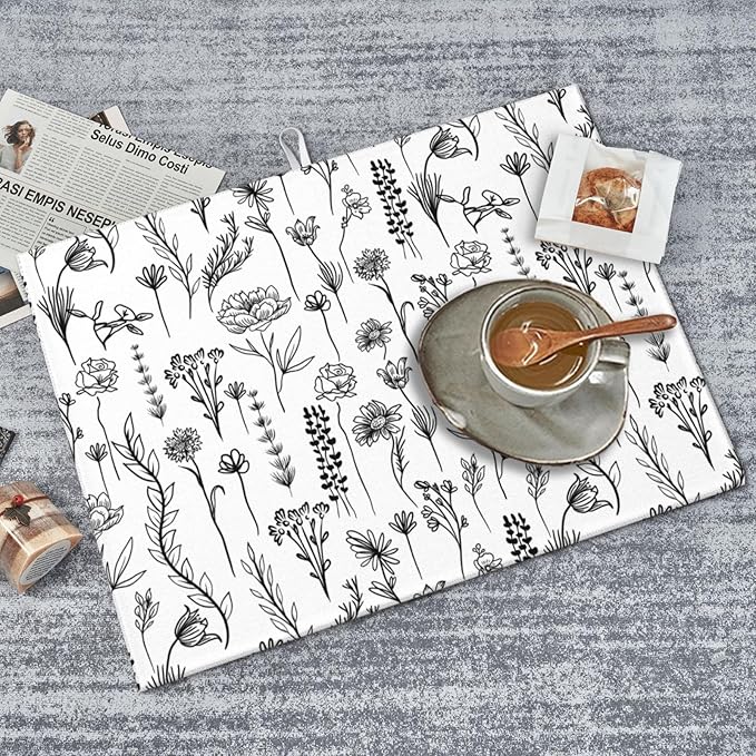 Black and White Floal Kitchen Dish Drying Mat for Counter, Aesthetics Dish Draining Mat Microfiber Absorbent Reusable Washable Extra Large 18"x24" (black and white floral, 18"x24")