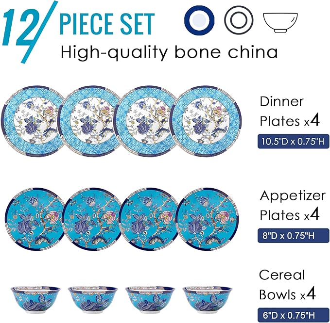 ACMLIFE Bone China Dinnerware Set for 4, 12-Piece Vintage Floral Dinnerware Set, Kitchen Plates and Bowls Set, Christmas Gifts for Women (Blue)