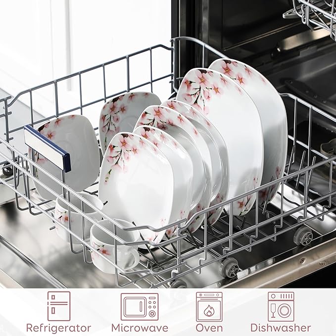 VEWEET Annie Porcelain Dinnerware for 6, 30-Piece Pink Floral Dish Set With Plates and Bowls Including Dinner, Dessert, Soup, Cups & Saucers