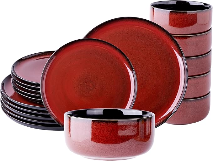 LeRatio Ceramic Dinnerware Sets for 6,Porcelain Plates and Bowls Sets,Handmade Reactive Glaze Dishes Set,Chip Resistant and Scratch Resistant | Oven&Dishwasher & Microwave Safe-Red(18PCS)