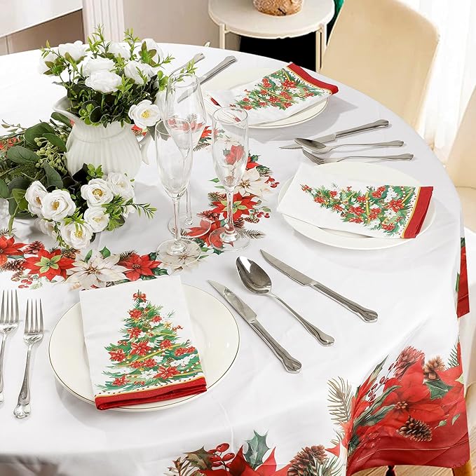 Christmas Tree Flower Napkins, 18×18 Inch Dinner Cloth Napkins Set of 12, Washable Cotton Soft Absorbent Square Table Top Decoration for Dining Kitchen Party Wedding